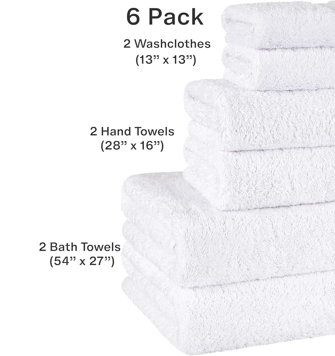 Luxurious Home Collection 6 Piece Towel Set for Bathroom, 100% Cotton, Turkish Towels 2 Washclothes,2 Hand Towels, 2 Bathtowels 6-Pack, Bathroom Shower Towels