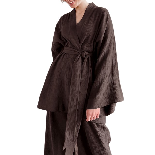 VISgogo Conjuntos de pijamas para mujer, cárdigan de manga larga de color sólido con cinturón + conjunto de pantalones largos elásticos de cintura alta VISgogo moda