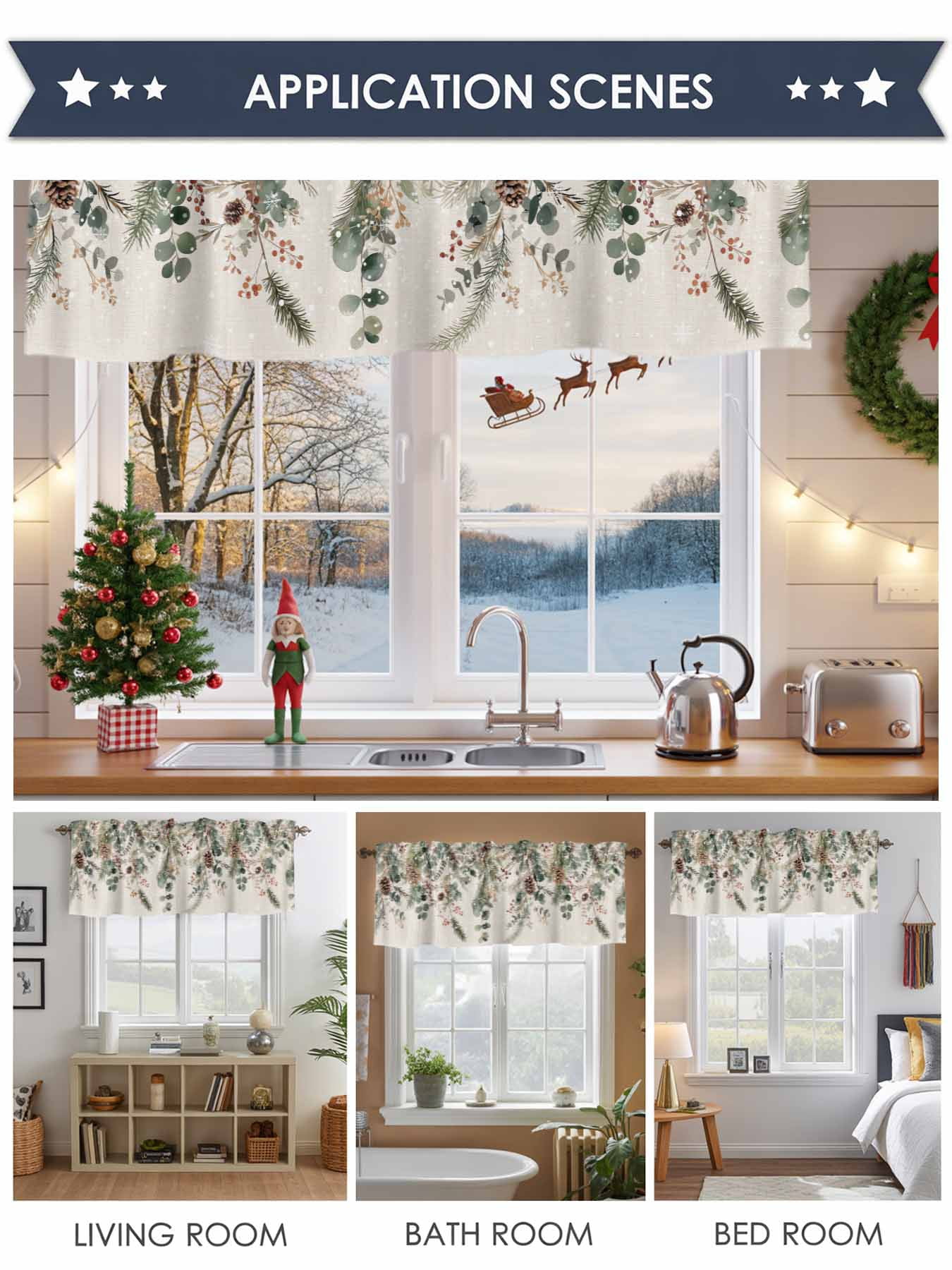 Christmas Winter Valance Curtain for Windows Pine Tree Berry Eucalyptus Retro Linen Curtain Valances Short Window Treatments Panels for Kitchen Bathroom Laundry Room Basement 60 x 18 Inch