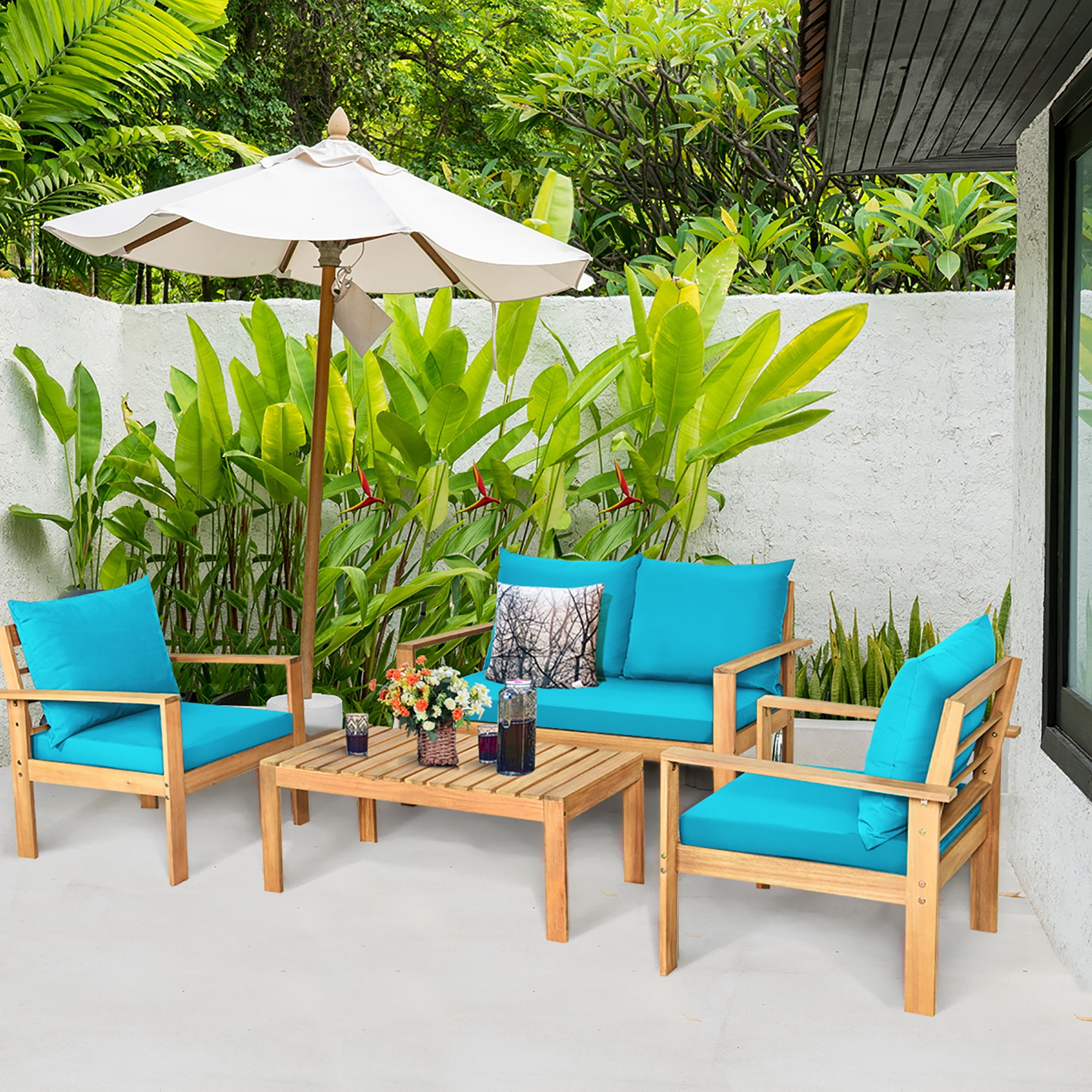 Costway 4PCS Patio Furniture Set Acacia Wood Thick Cushion Loveseat Sofa Turquoise