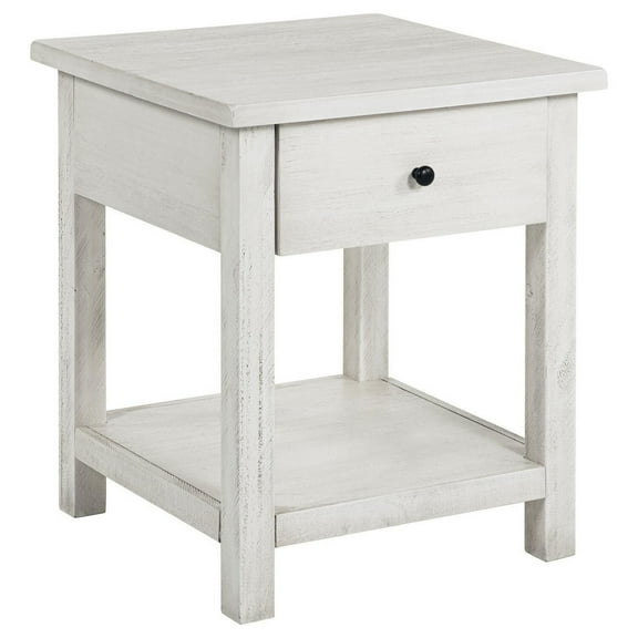 Ayne Side End Table, 1 Drawer, Distressed White Wood, Square 20 Inch