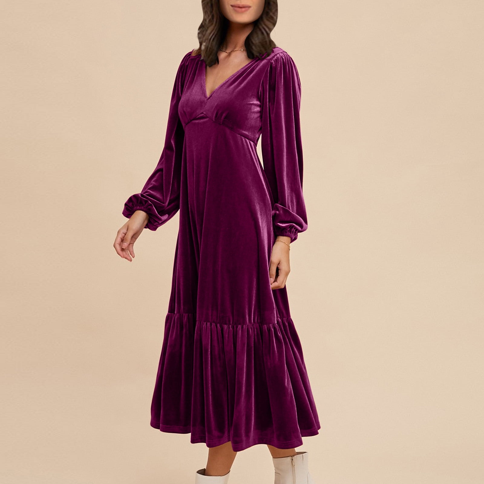 Women's Dressy Dress Puff Long Sleeve V Neck Tiered Casual Loose Velvet Dress Trendy Cocktail Party Night Elegant Midi Dress Purple,L