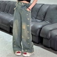 thumbnail image 4 of Ruyang Teen Girls Retro Jeans Ripped High Waist Baggy Straight Denim Pants Kids Wide Leg Fall Y2k Streetwear Denim Trousers, 4 of 9