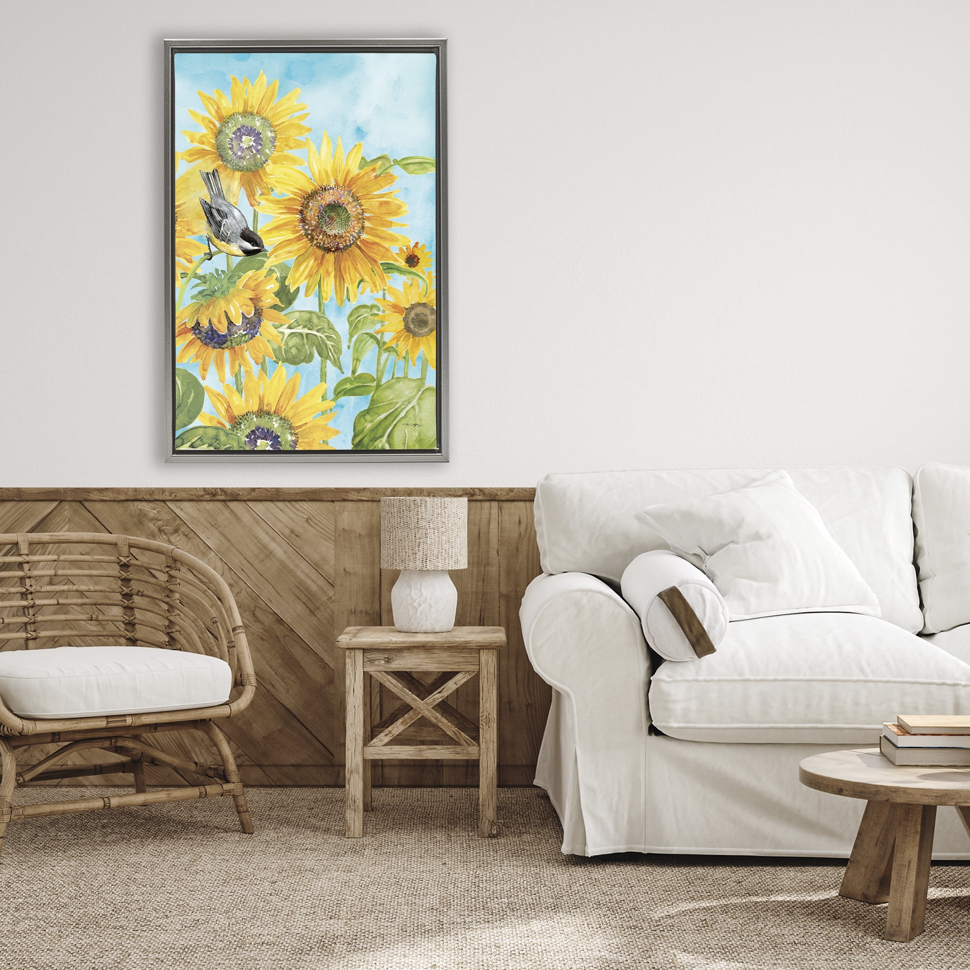 Stupell Industries Sunflower Honey Bird Gray Framed Floater Canvas Wall Art, design by Tim Coffey