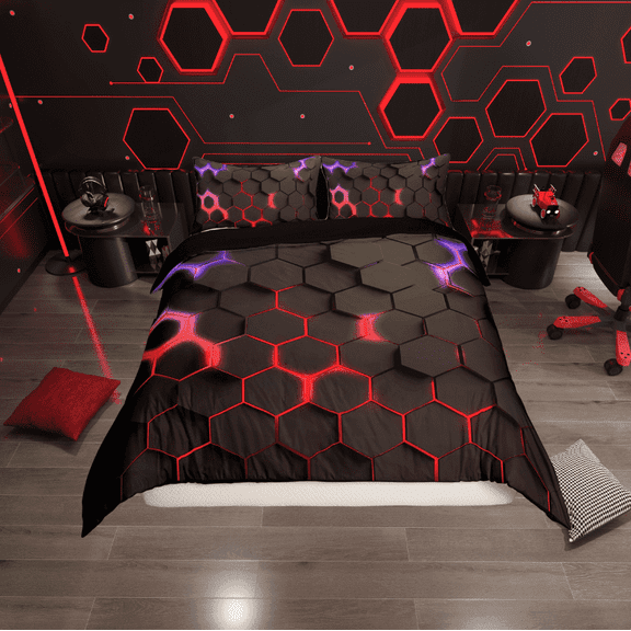 Erosebridal Neon Red Purple Hexagon Comforter Cover Twin, Geometry Honeycomb Bedding Twin Size, Black Room Decor, Reversible 2pcs (No Comforter)