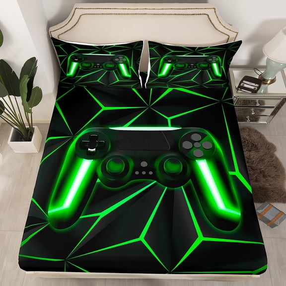 Gaming Fitted Sheet Game Home Decor Gamer Controller Bed Sheets Teens Geometry Gamepad Sheets for All Season, Lightweight Durable (Green,Twin)