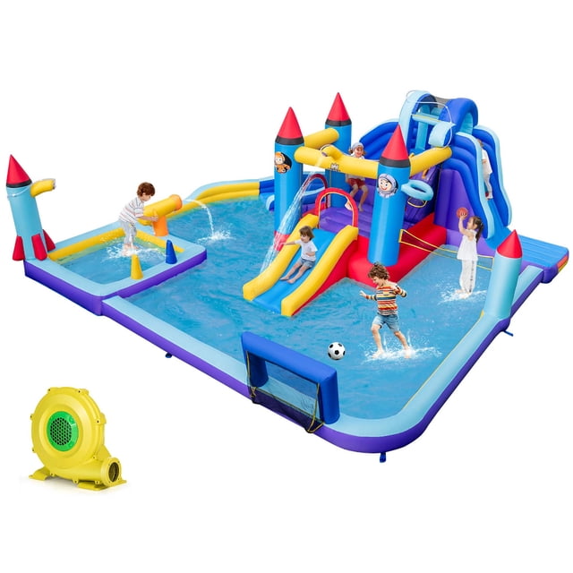 Costway Rocket Theme Inflatable Water Slide Park with 2 Slides Splash Pool & 1100W Blower