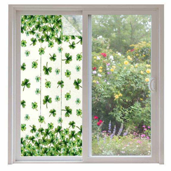 St. Patrick's Day Window Privacy Film, Spring Green Botanical Lucky Clovers Static Cling UV Sun Blocking Heat Control Window Tint Day and Night, Non-Adhesive One Way Privacy Cover 35.4''x78.7''