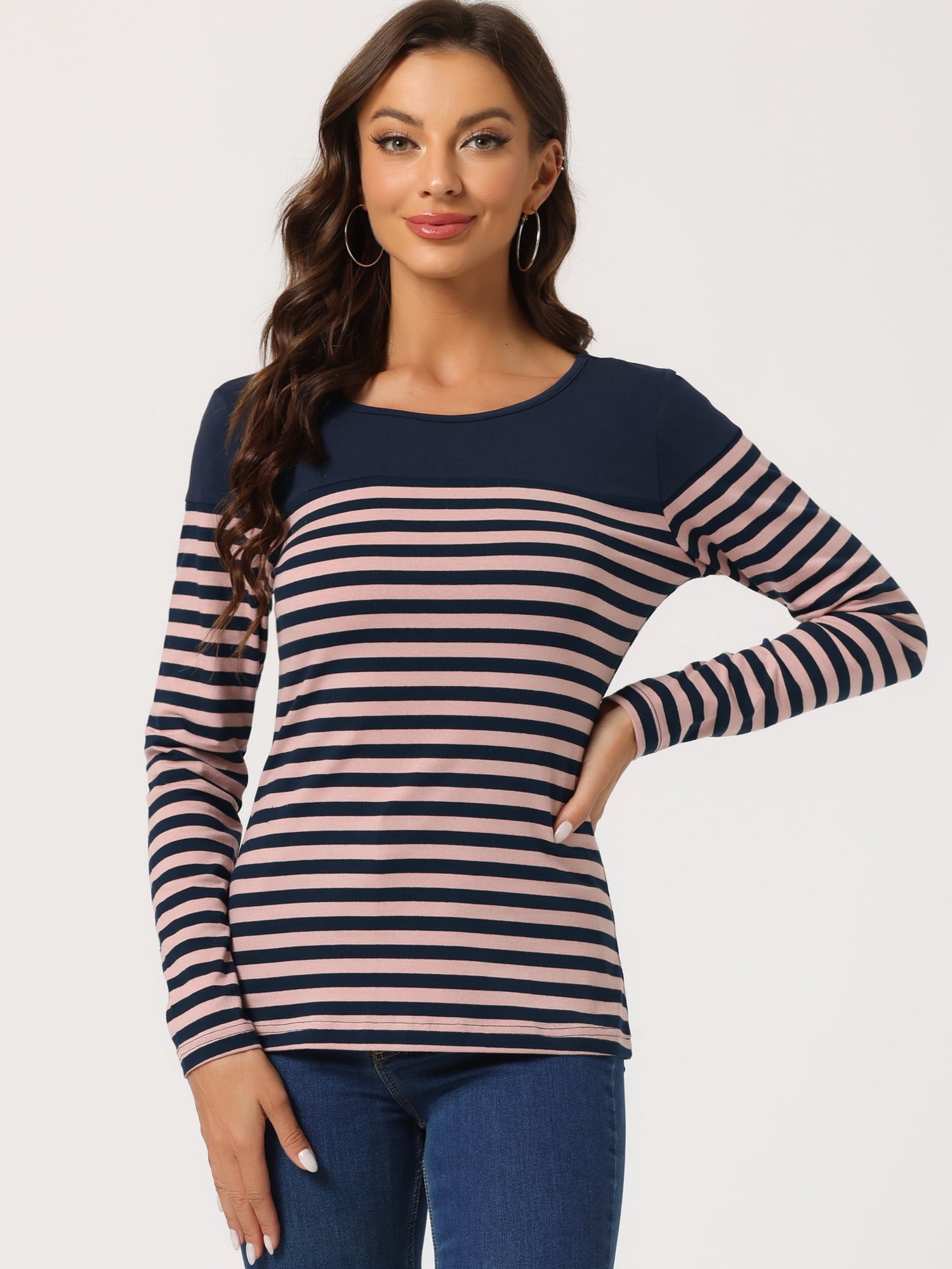 DARING DIVA Women's Color Block Striped Knit Top Long Sleeves T-Shirt M Blue Pink