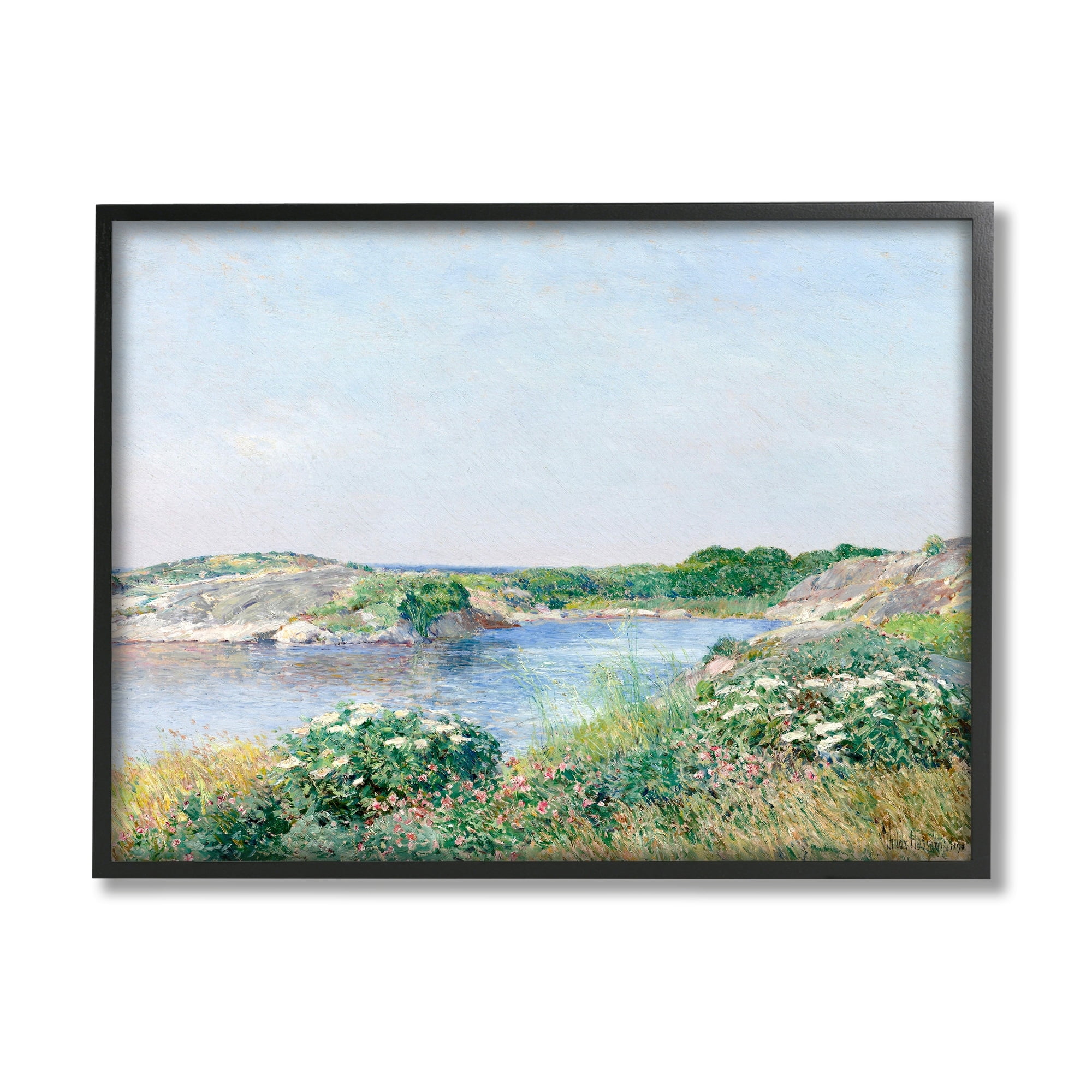 Stupell Industries Rocky Shore Flower Bushes Ocean Inlet Scene Painting Black Framed Art Print Wall Art, Design by Lettered and Lined