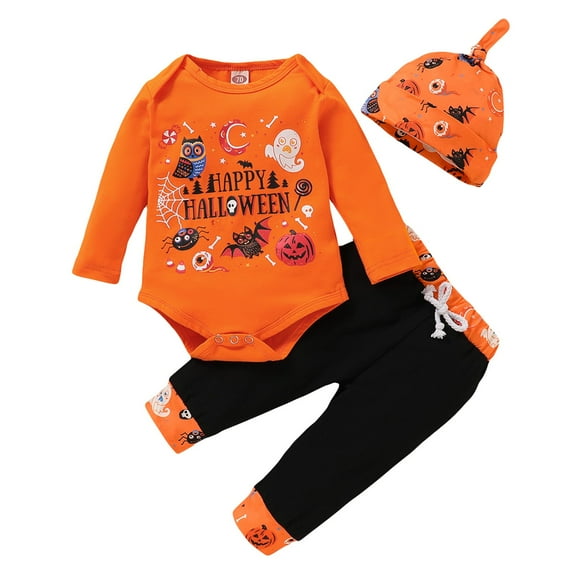Mercatoo 𝐍ewBorn Baby Girl Boy Halloween Clothes Long Sleeve Letters Print Romper and Pants Hat Sets 3Pcs Outfit