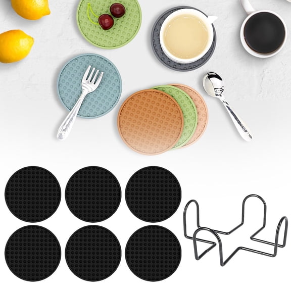 6Pcs Drink Coasters, Silicone Coasters with Metal Holder, Non-Slip Heat Resistant Thickened Cup Coasters, Versatile Table Cup Mat for Any Size of Cup
