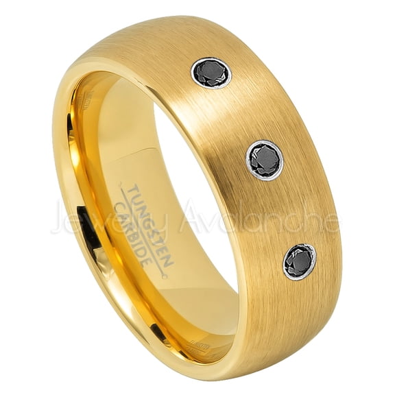 Yellow Gold Plated Dome Tungsten Wedding Band - 0.21ctw Black Diamond 3-stone Band - Personalized Tungsten Wedding Ring - Custom Made April Birthstone Ring TN690BS