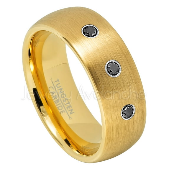 Yellow Gold Plated Dome Tungsten Wedding Band - 0.21ctw Black Diamond 3-stone Band - Personalized Tungsten Wedding Ring - Custom Made April Birthstone Ring TN690BS