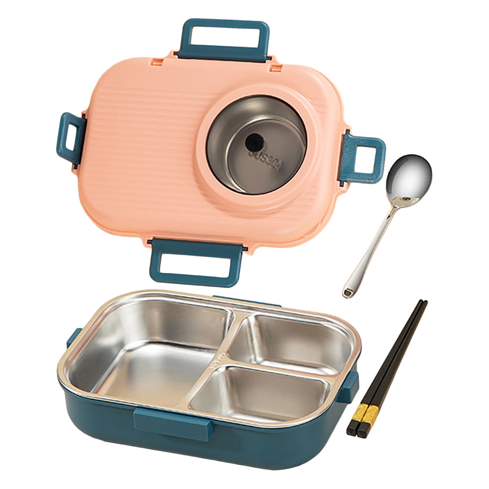 Lille Home Stainless Steel Leakproof 2-Compartment Bento Lunch Box/Portion Control Food Container with Lunch Bag and Cutlery Set, BPA Free (Pink)