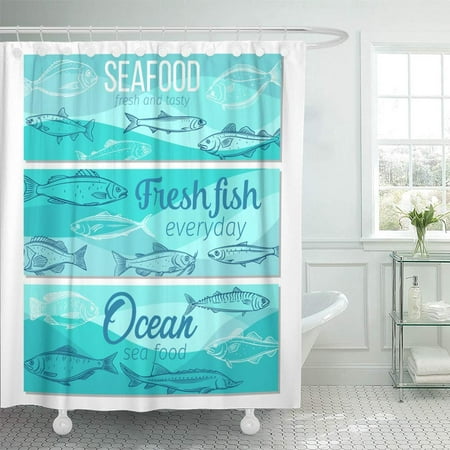 PKNMT Fish Seafood with Salmon Anchovy Codfish Sea Bass Ocean Perch and Sardine Bathroom Shower Curtains 60x72