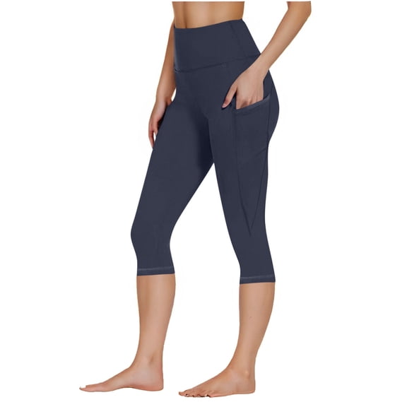 Womens High Waist 7/8 Capri Leggings, Tummy Control with Pockets, Navy, Size XL