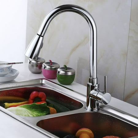 Unique Design Pull-Out Chrome Finish Kitchen Sink Faucet One Handle Spout Swivel Ceramic Plate Spool
