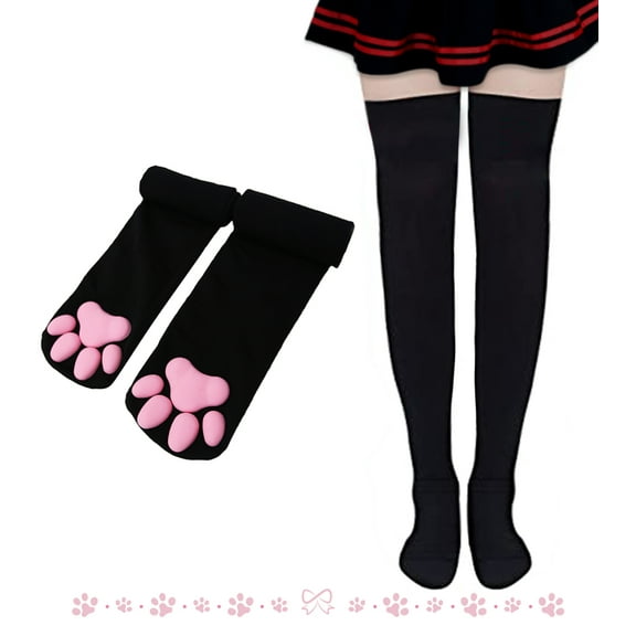 CutiePlusU Cat Paw Thigh High Socks Cute 3D Kitten Claw Stockings Cosplay Black
