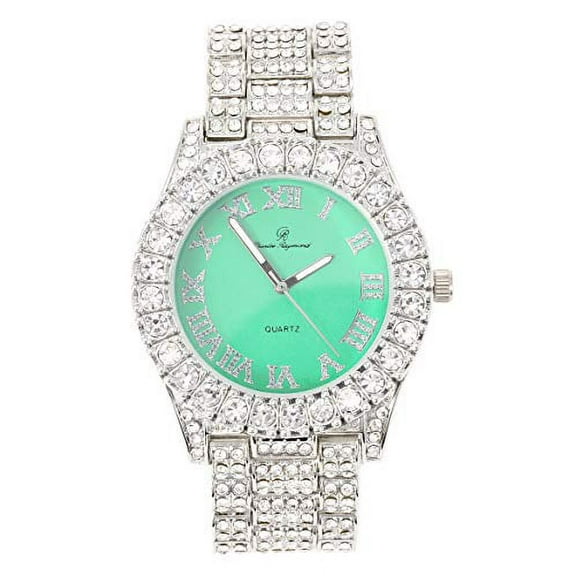 Women's Big Rocks Bezel Colored Dial with Roman Numerals Fully Iced Out Watch - ST10327LA (Silver - Mint)