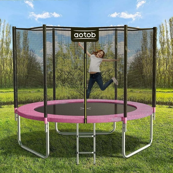 AOTOB 8FT Trampoline for Kids/Adults, Backyard 600 LBS Trampoline with Safety Enclosure Net/Ladder,Pink
