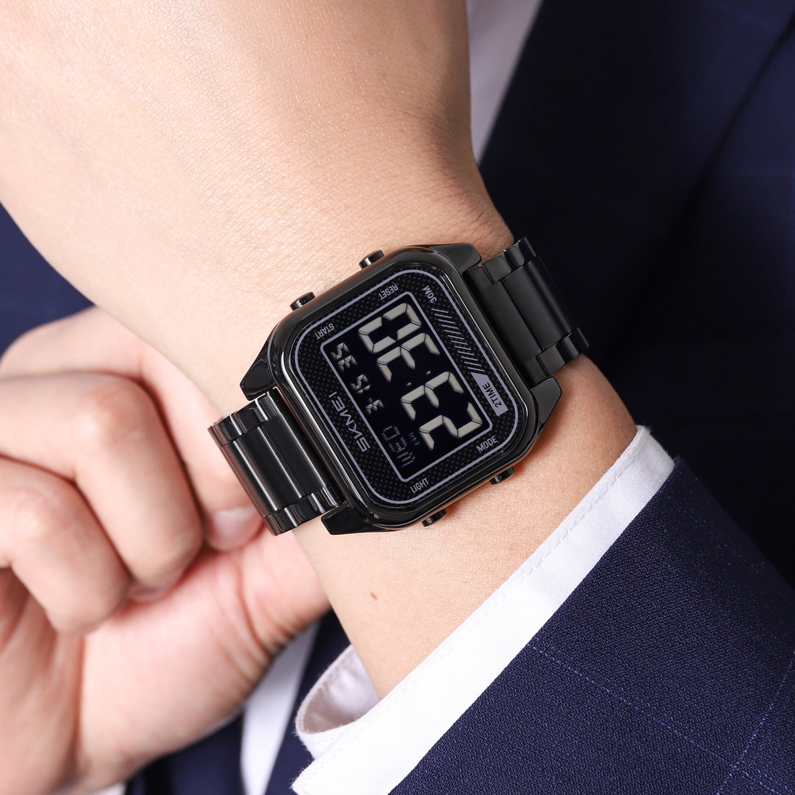 SKMEI Men's Digital Stainless Steel Watch Large Face LED Casual Sport Watches Waterproof Dual Time Date Wristwatch