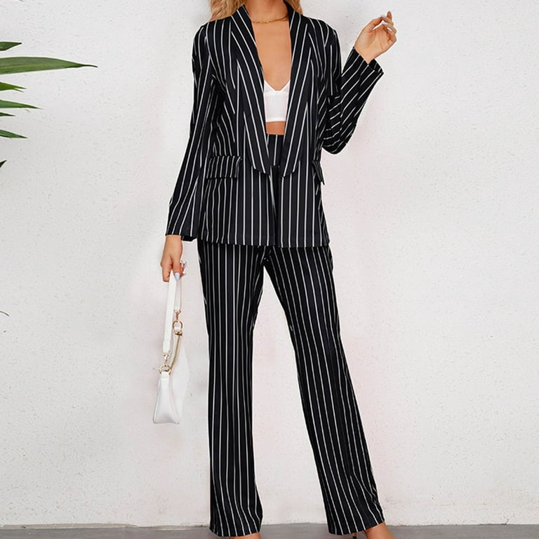 FAIWAD Womens 2 Piece Outfits Striped Long Sleeve Coat with High Waist  Straight Pants Elegant Business Sets (X-Large, Black) 