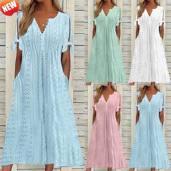 YABCSAZ Womens Summer Boho Maxi Dress Trendy Short Sleeve V Neck Flowy Beach Floral Dresses Casual Plus Size Long Dress for Women with Pockets