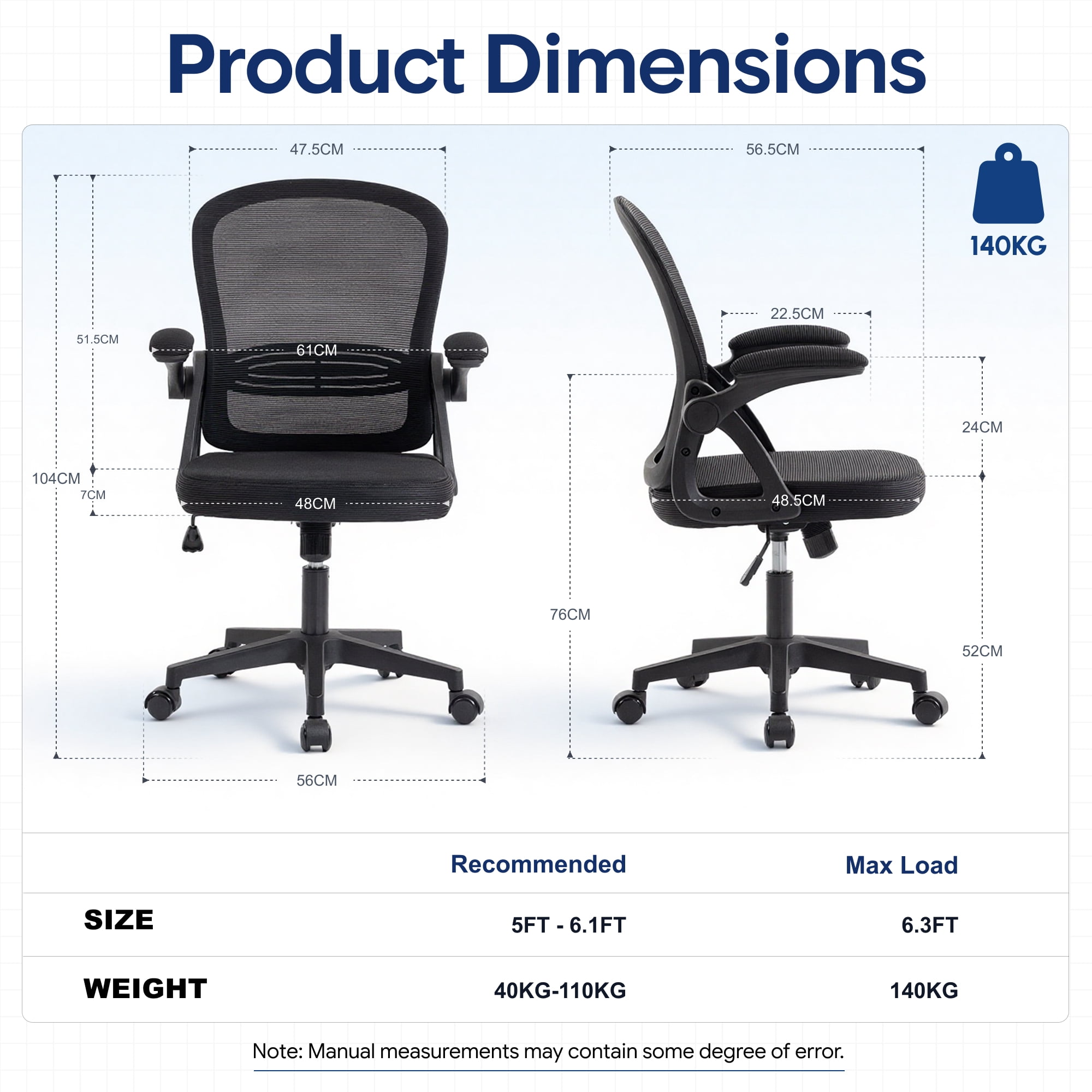 Ultifit Ergonomic Mesh Office Chair, Computer Desk Chair, Flip-Up Arms, Reclining, Rocking, Height Adjustment, Swivel, Black, 300 lbs