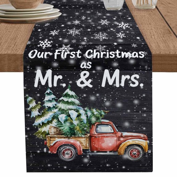 nqOlkjepod Christmas Truck Table Runner 48 Inches Long Farmhouse Dress Scarves, Winter Snowflake Xmas Tree Wood Grain Black Dining Tablerunner for Coffee Table/Kitchen Island/Party Décor, 13" x 48"