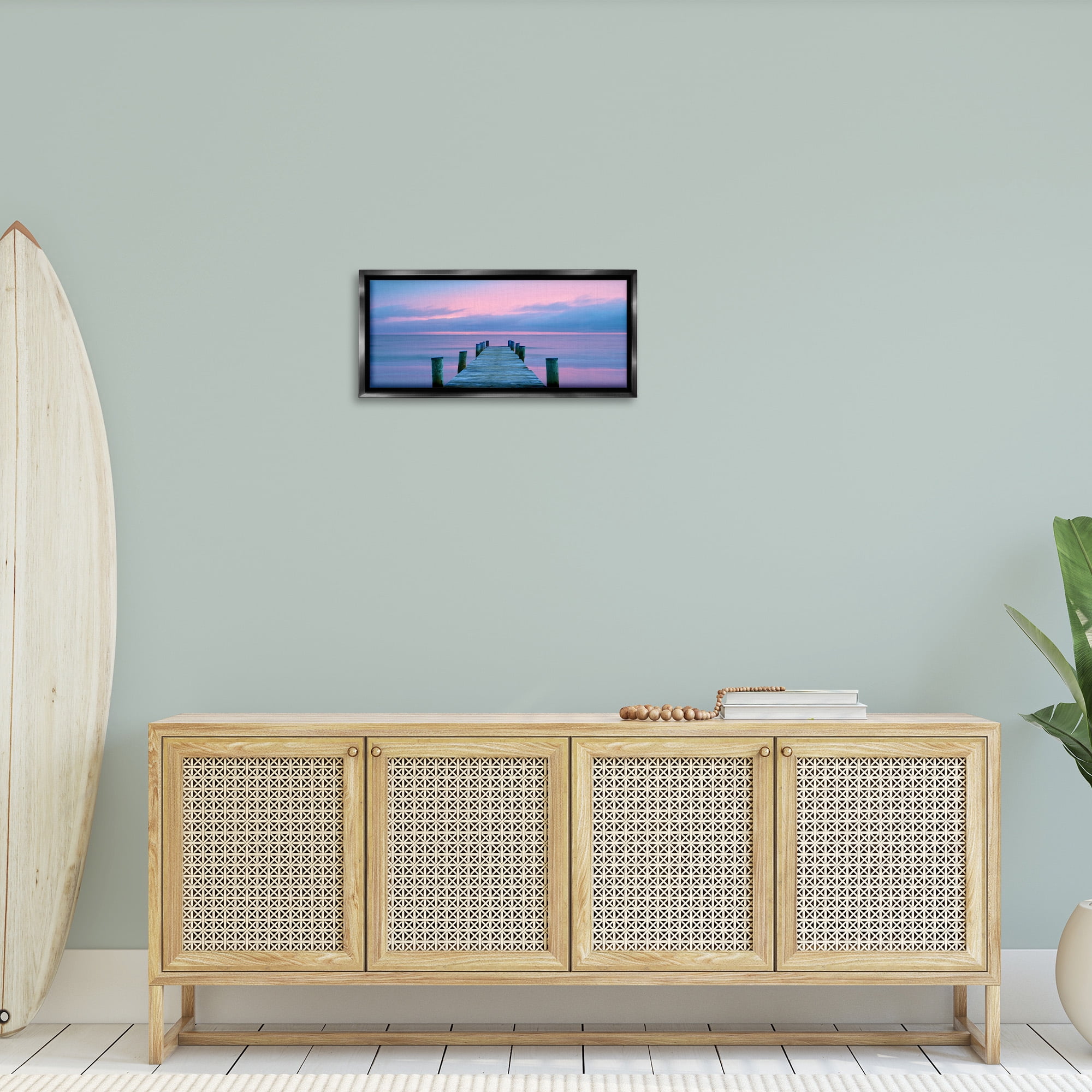 Stupell Industries Dock at Sunset Horizon Nature Photography Black Floater Framed Canvas Art Print Wall Art, 25 x 11