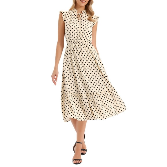 INSPIRE CHIC Polka Dot Dress for Women's Summer Ruffle Sleeve Tie V Neck Casual Beach Vacation Midi Dresses XS Apricot