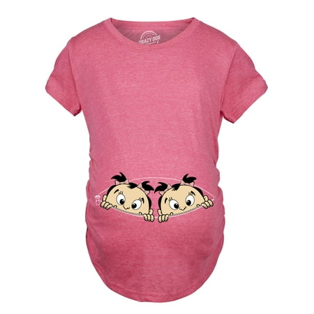 

Maternity Peeking Twin Girls Tshirt Cute Adorable Pregnancy Tee For Mom To Be (Heather Pink) - M