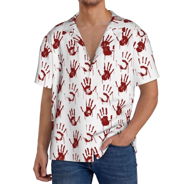 Balery Red Bloody Scary Hands2 Camisa Casual de Manga Corta con Botones para Hombre, Texturizada, Estilo Cubano, para Playa, Verano-4X-Large