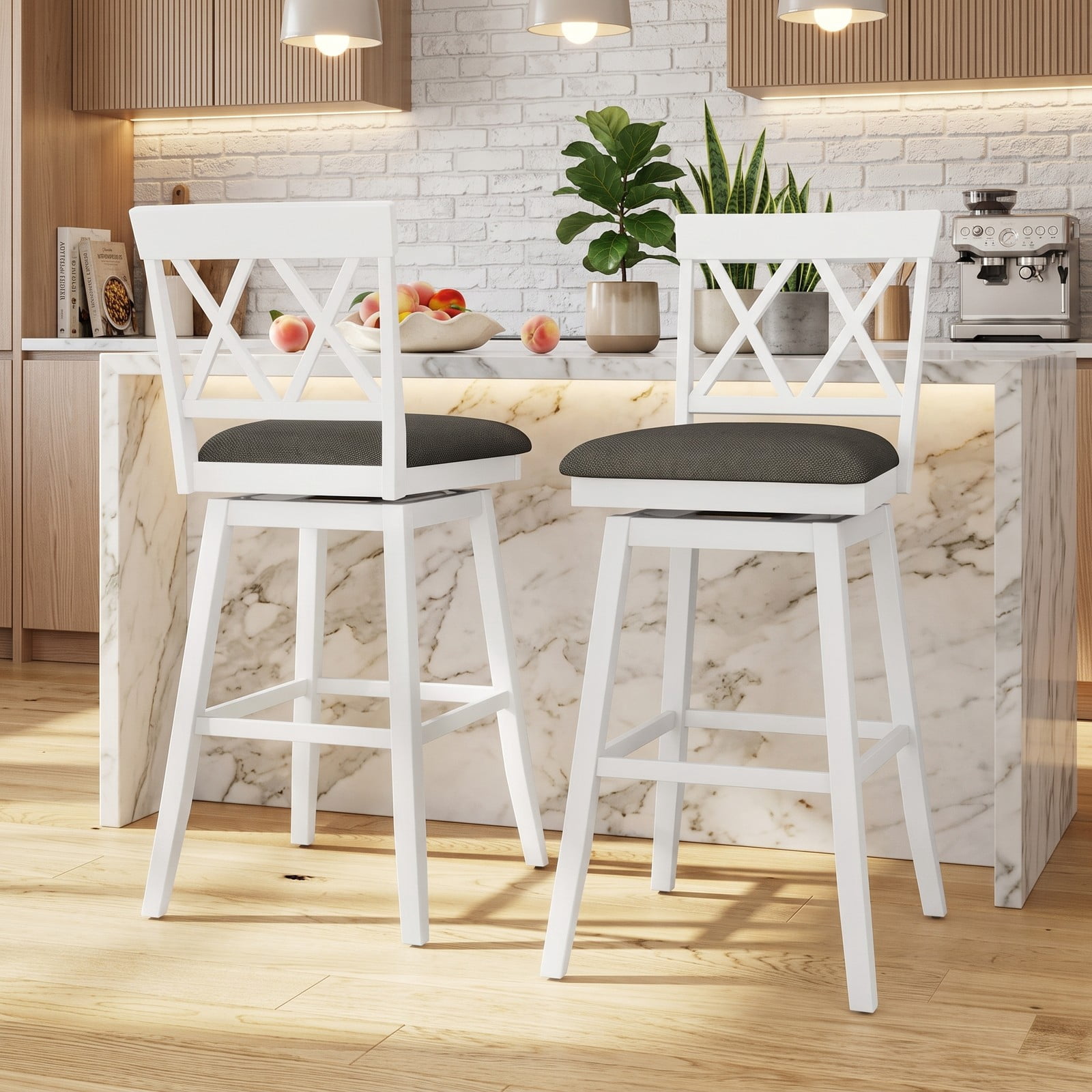 Furnibear Set of 2 Swivel Bar Stools 29 Inch Counter Height Barstools with Backrest Upholstered Linen Seat Cushion Rubber Wood Frame for Kitchen Island Pub, Oak White