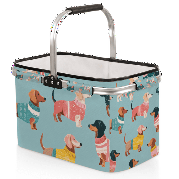 Collapsible Shopping Basket with Handle Cute Dog Pattern, 40L Foldable Storage Tote for Groceries, Laundry