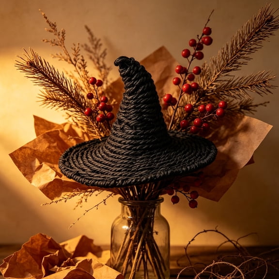 Hand-Woven Straw Witch Hat Tabletop Decor Rustic Woven Witch Ornament Vintage Halloween Farmhouse Desktop Decoration