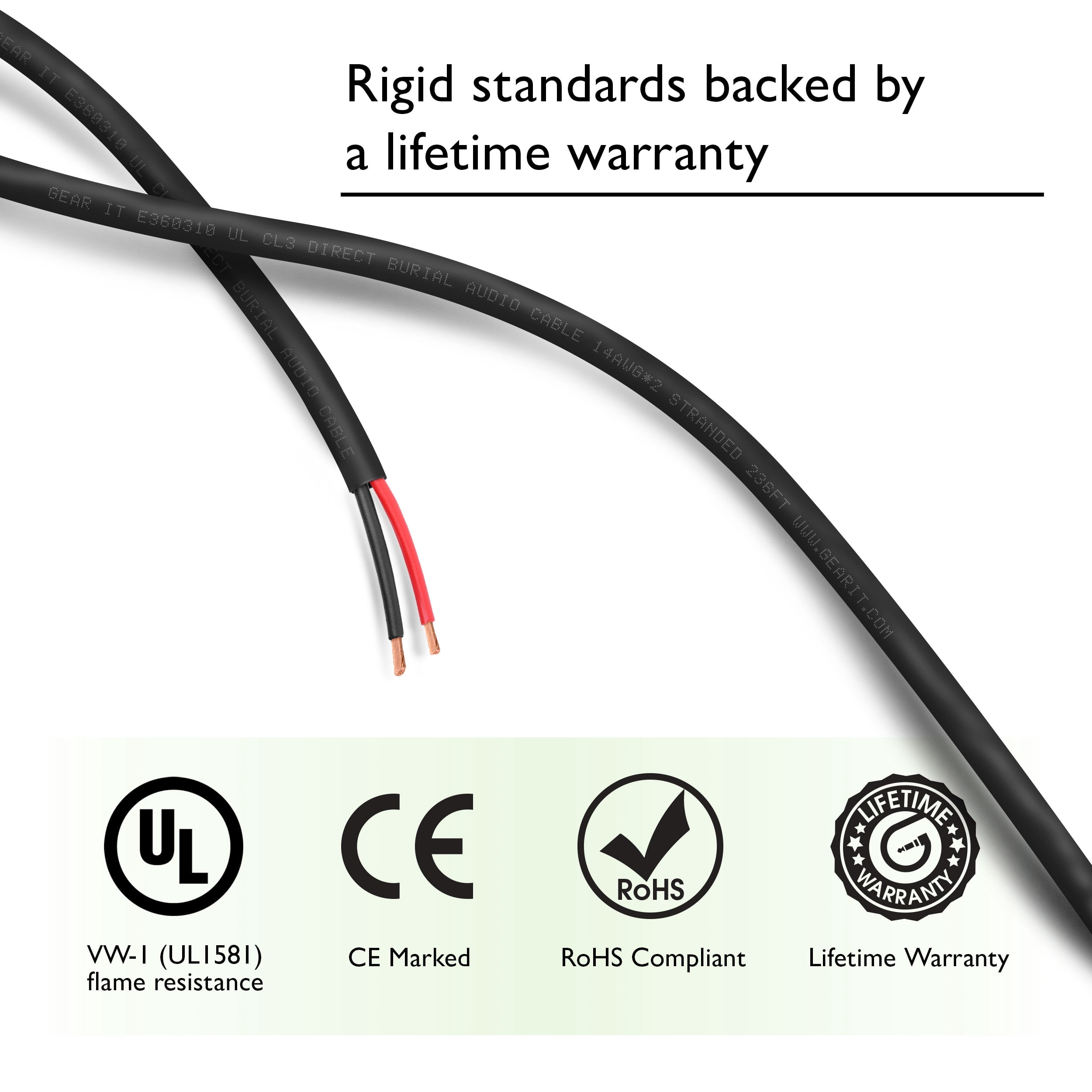 GearIT 10/2 Speaker Wire (50 Feet) 10AWG Gauge - Outdoor Direct Burial in Ground / in Wall / CL3 CL2 Rated / 2 Conductors - OFC Oxygen-Free Copper, Black 50ft