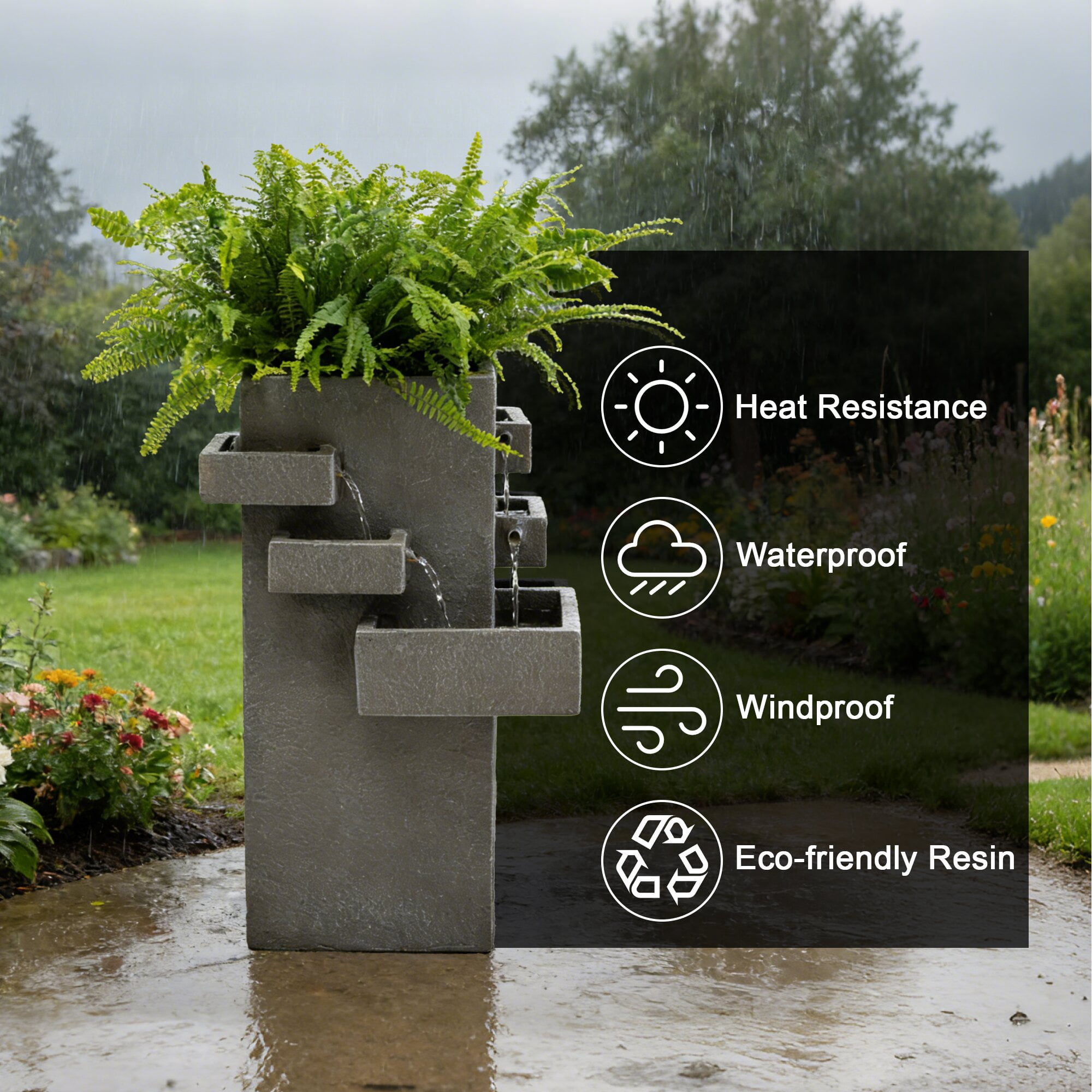 Kaluomm Outdoor Water Fountain 28" Modern Square, Textured Resin Cascading Waterfall for Garden Yard Patio, Gray