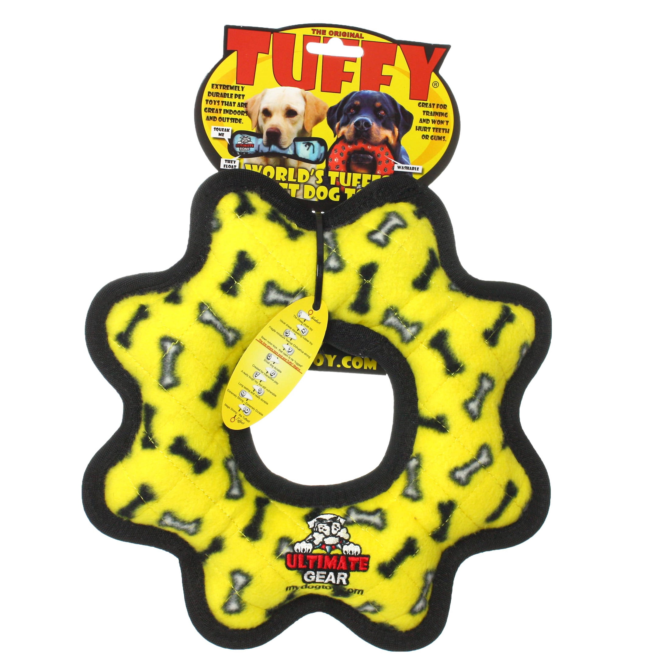 Tuffy Ultimate Gear Ring Yellow Bone Durable Plush Squeaky Dog Toy