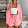thumbnail image 2 of QIYAGBSA 2 Piece Outfits for Women Striped Button Down Long Sleeve Shirt and Drawstring Shorts Set Summer Matching Set (Pink, 2XL), 2 of 8