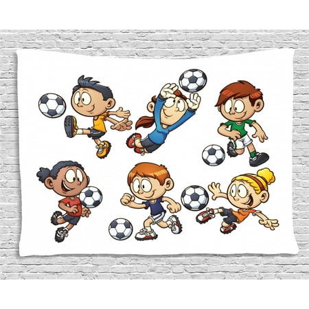 Soccer Tapestry Children Cartoon Drawing Style Kids Playing