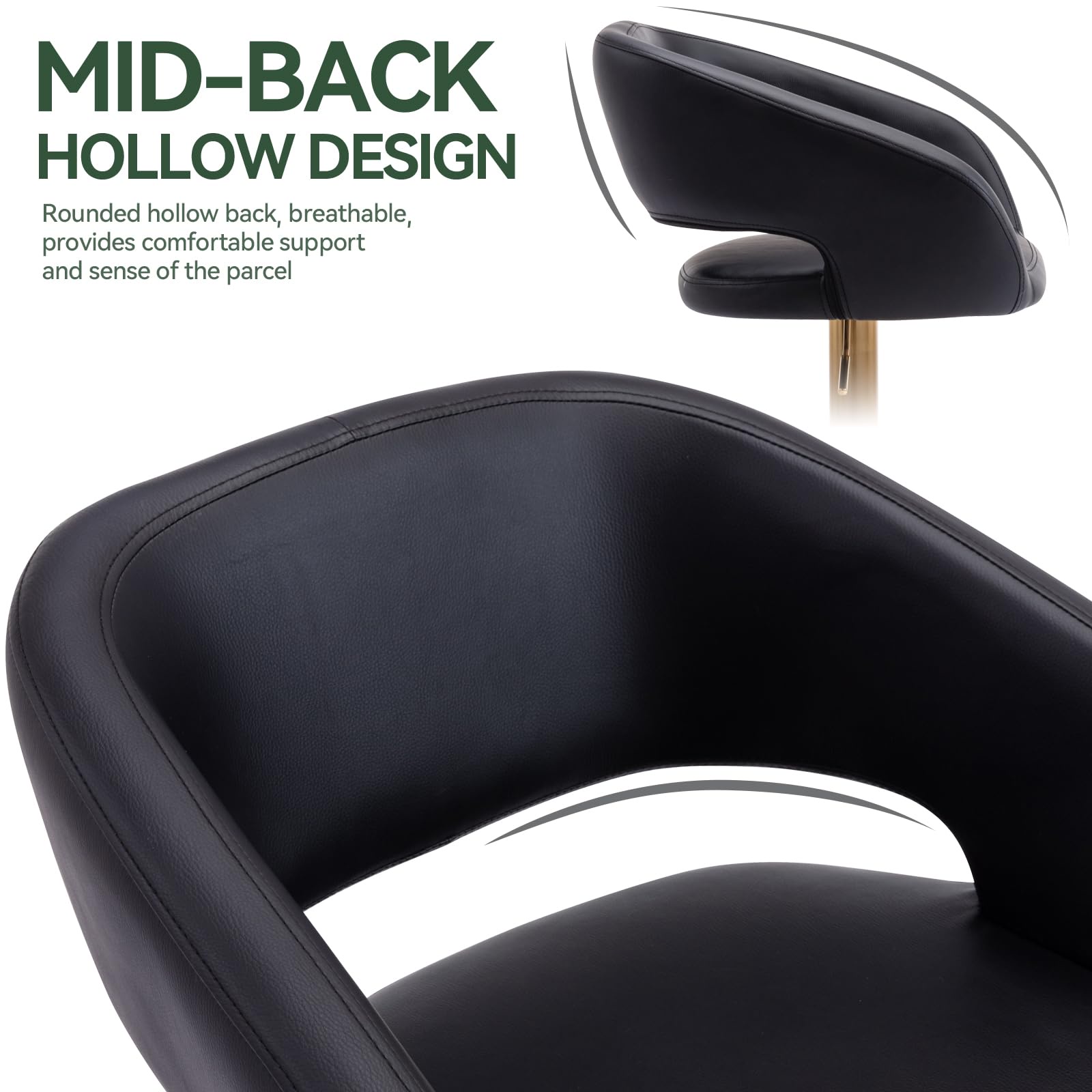 PU Leather Bar Stools, Adjustable Height 24."-32.25, Swivel Barstools with Back & Footrest, Upholstered Bar Chairs for Kitchen Island, Dining Room, Home Bar (Black, Gold Base)