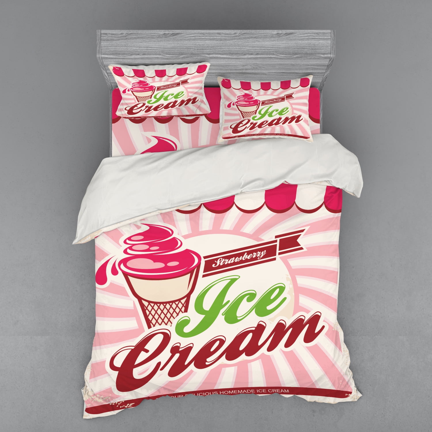 Ice Cream Duvet Cover Set, Retro Style Strawberry Ice Cream Logo in Soft Tones Homemade Pop Art