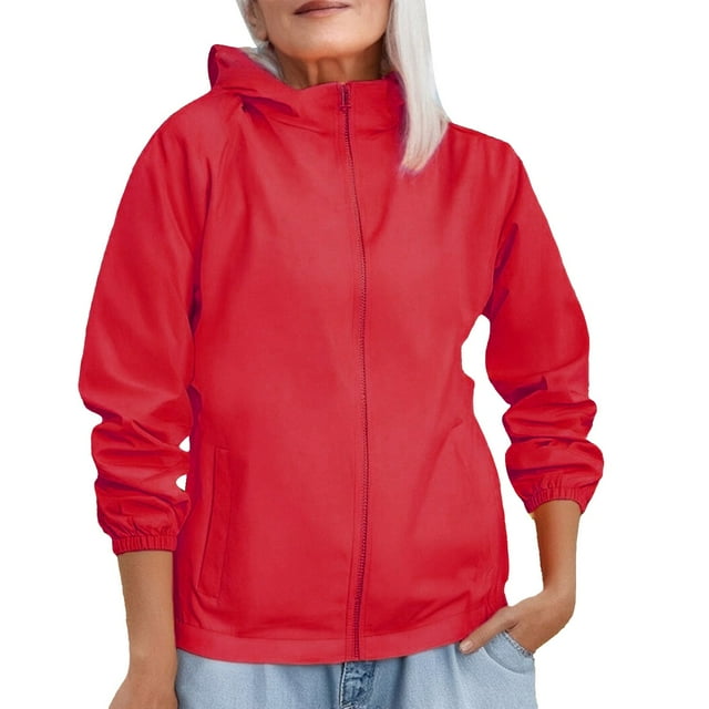 ManxiVoo Manteau Long à Capuche pour Femmes, Coupe-Vent, Décontracté, avec Poches, Taille TTG, Rouge