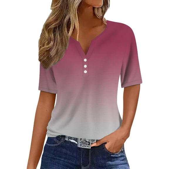 Baberdicy Basic Button-Down T-Shirt - Women's Solid Color Casual Short Sleeve Top, Comfortable Crew Neck Everyday Essential Tee (Hot Pink | L)