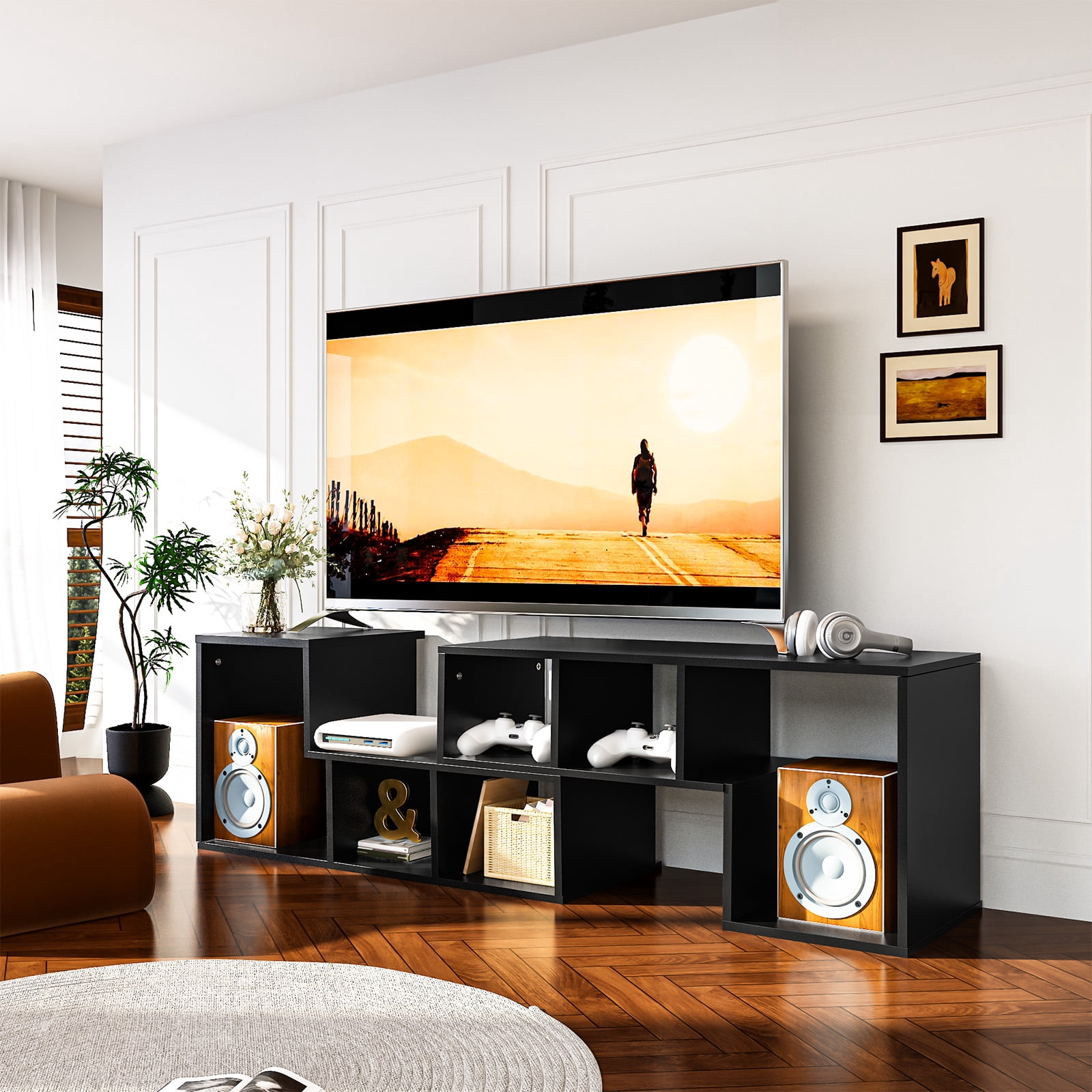 MOOSENG Horizontal Bookshelf, Vintage 2 Shelf Cube Bookcase L-Shaped TV Console Stand, Modern Entertainment Center with Open Storage Shelves for CDs/Movies/Books for Living Room, Bedroom