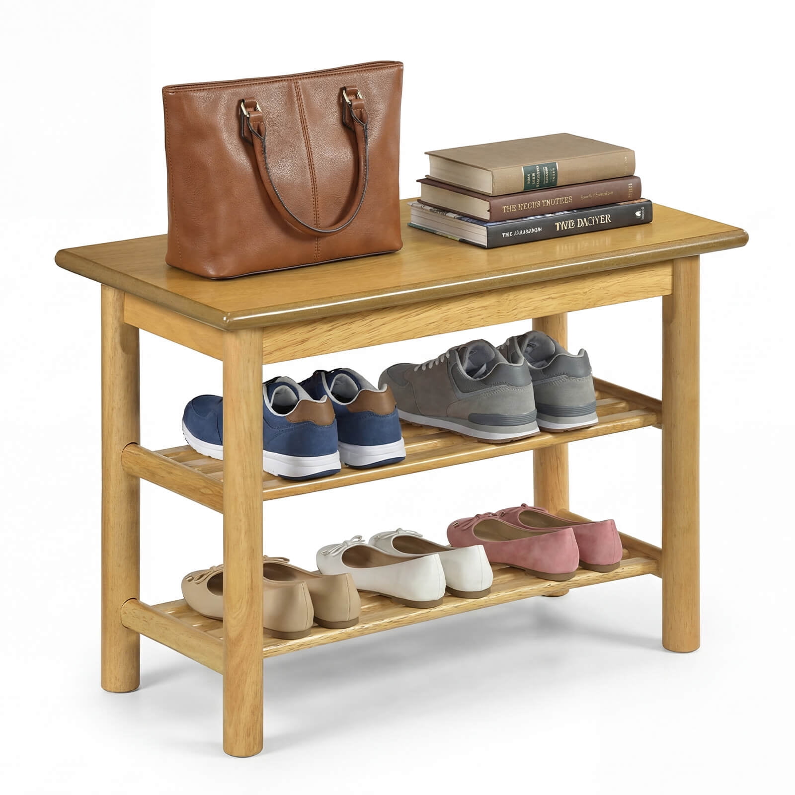Costway Shoe Rack Bench,3-Tier Rubberwood Freestanding Shoe Changing Bench with Slat Shelve