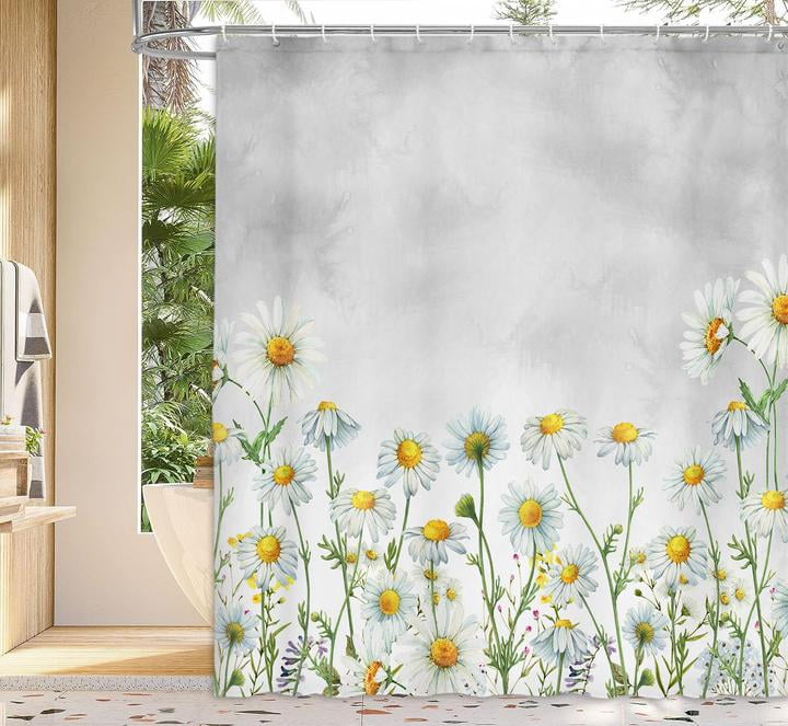 Daisy Shower Curtain, Floral Daisy Fabric Bathroom Curtains, Rustic Farmhouse Boho Shower Curtain Set, White Daisy Bathroom Shower Curtain with 12PCS Hooks, 70X75IN（Grey）