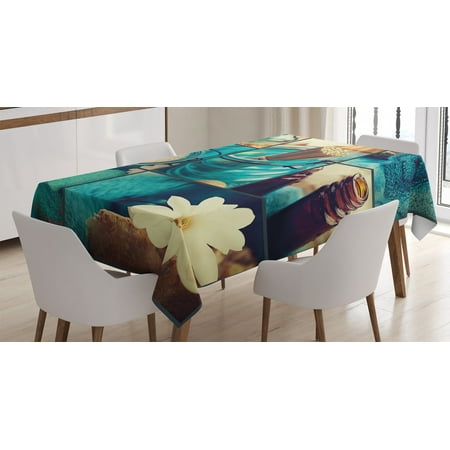 

Spa Decor Tablecloth Blue Themed White Daisies Scents Towels and Incense Artwork Collage Rectangular Table Cover for Dining Room Kitchen 52 X 70 Inches Blue Brown and White by Ambesonne